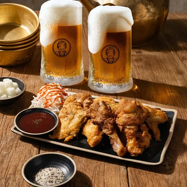 맥주잔과 함께 나온 치킨 접시