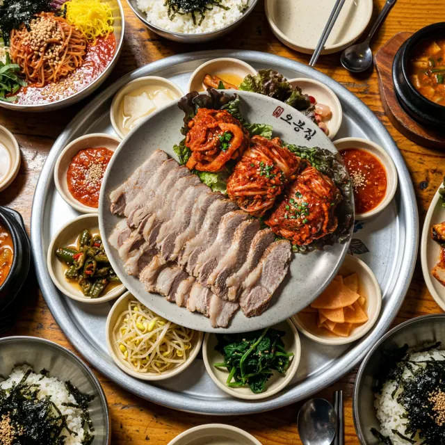보쌈과 낙지볶음, 반찬이 차려진 한 상